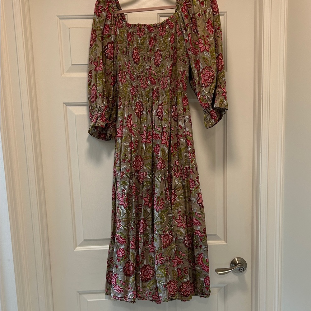 Floral Smocked Midi Dress in Olive and Pink